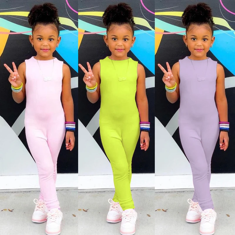 2022 Summer Kids Clothes Solid Color Sleeveless Toddler Girls Onesie Bodycon Rompers Baby Girls Sleeveless Candy Cute Jumpsuit