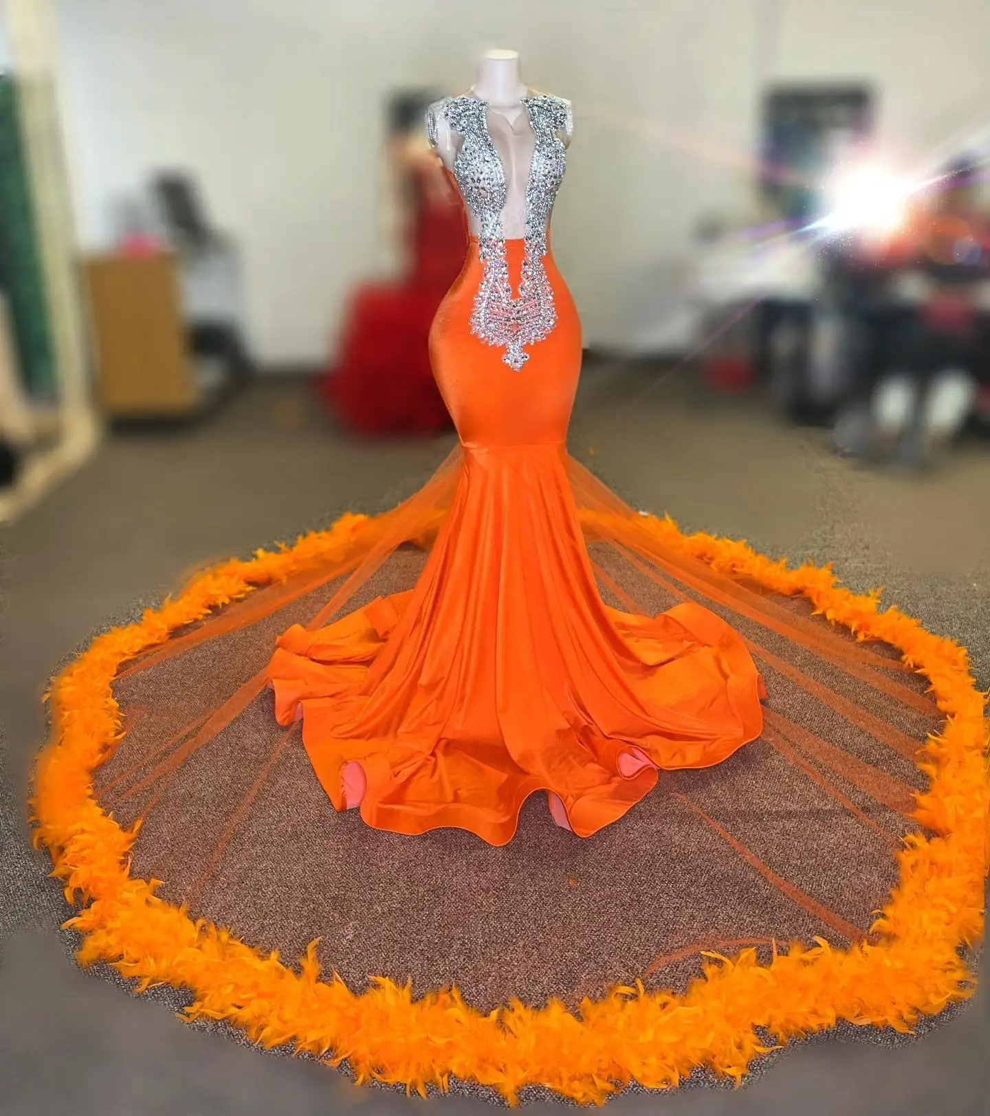 Sleeveless Ostrich Feather custom birthday Dress with feather Luxury Fiesta Formal Rhinestone Diamond Orange Sparkly Prom Dress