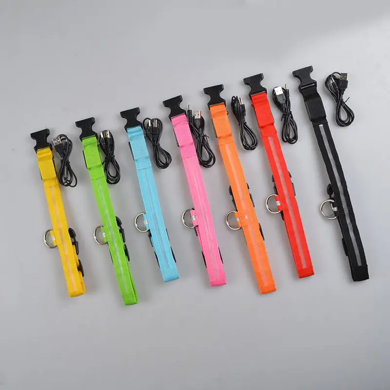 Electronic Pet LED Dog Collar Adjustable Flash Recharge Reflective Rivet Solid Nylon Buckle Closure All Seasons Night Anti-Lost