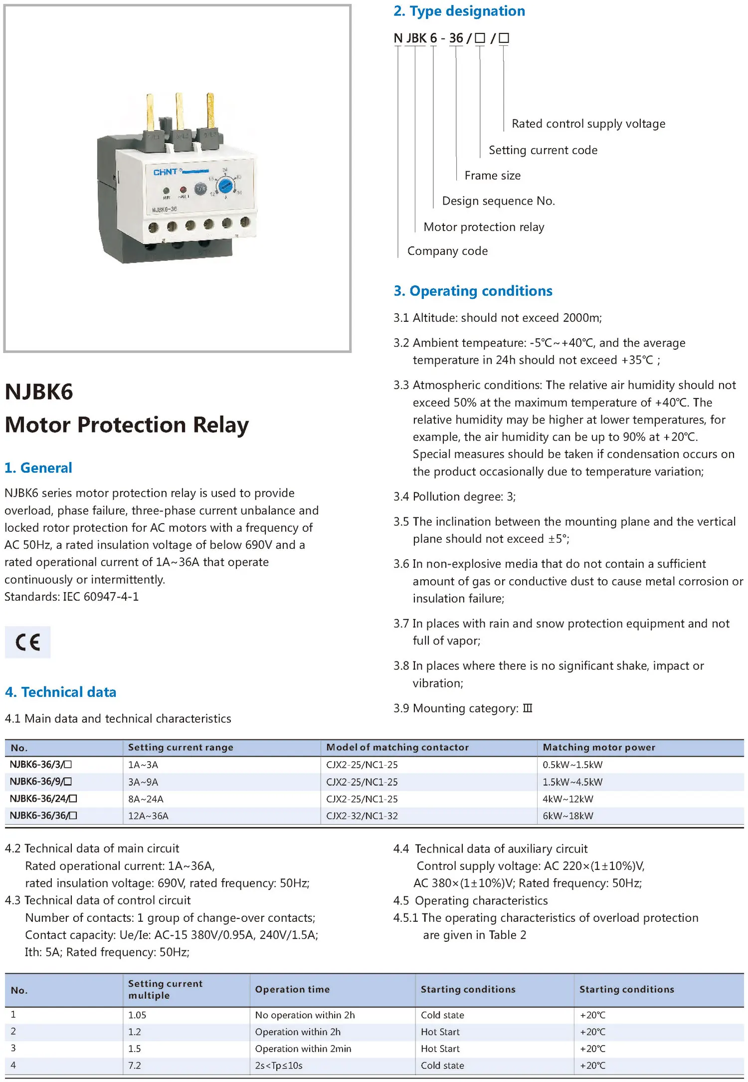 Chint original NJBK6 NJBK6-36 CHNT Overload phase failure 3 phase current unbalance and locked rotor AC Motor Protection Relay