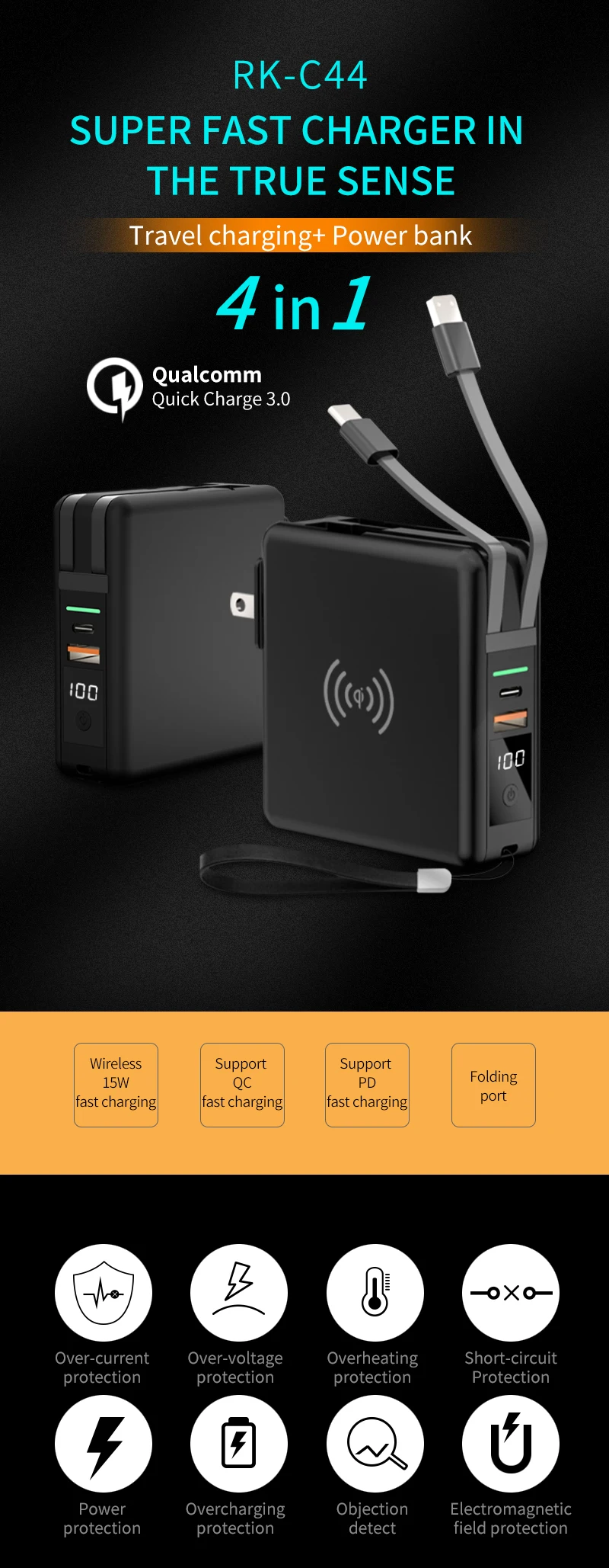 Fold design 3 in 115w fast charge wireless charger stand 10000mah fast charging adapter Wireless Powerbank for all phones RK-C44 - ANKUX.COM