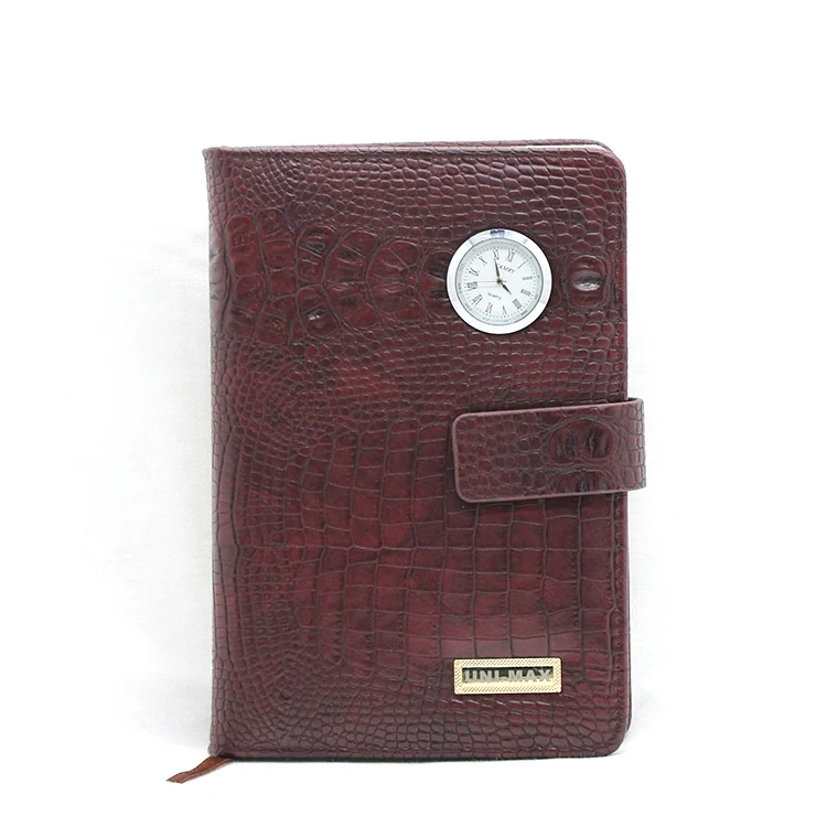 Cheap fancy stationary A5 Hardcover PU Leather Pocket Journal Notebooks with clock