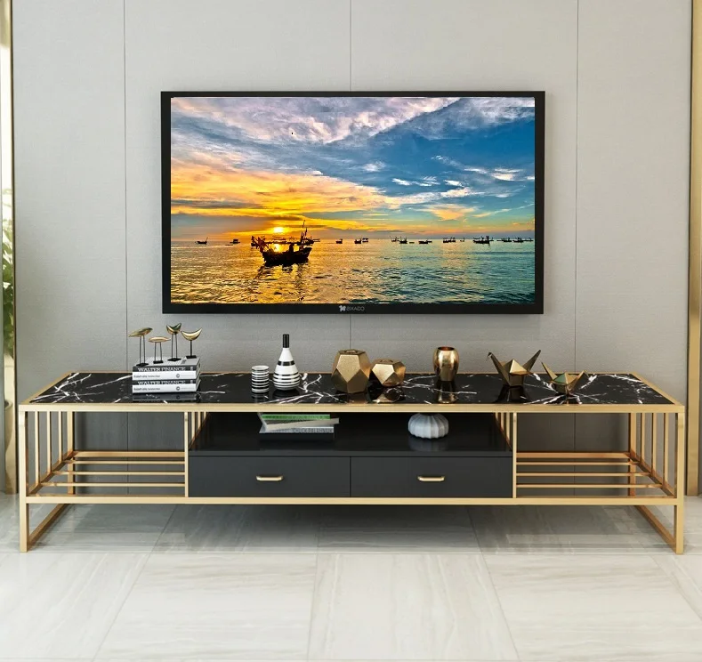 2020 banc supérieur d'or d'acier inoxydable du cadre 2 du tiroir TV de marbre de luxe de support long pour le club à la maison d'hôtel