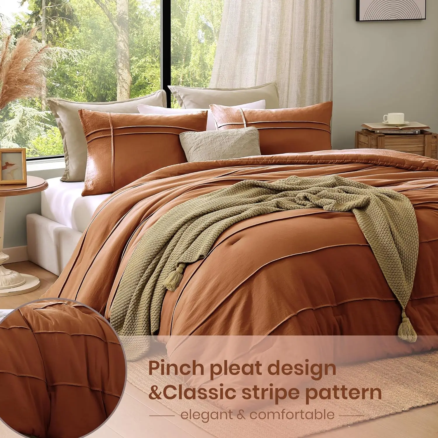 Custom Comforter Burnt Orange Pinch Pleat Comforter for Full Size Bedding,3 Piece Warm Fluffy Custom Bedding Sets details