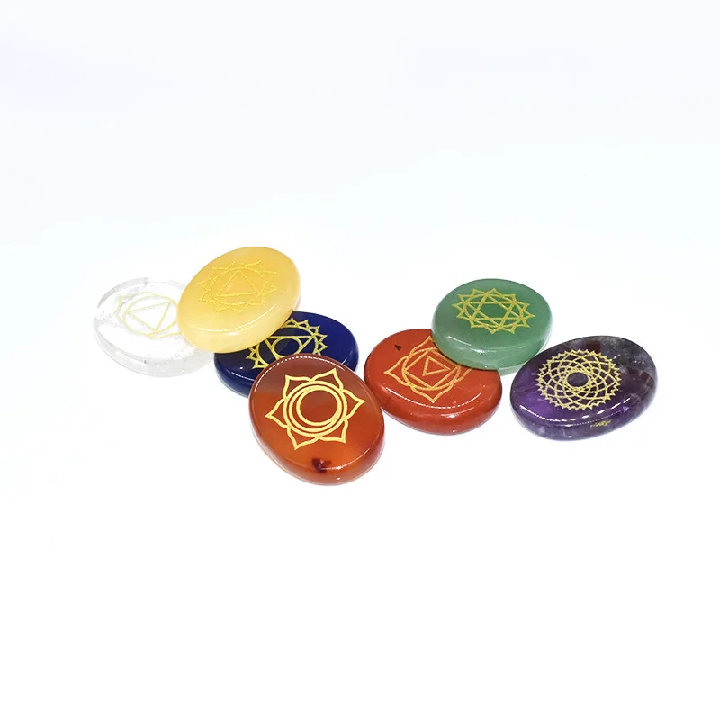 Wholesale Natural 7 Chakra Engraved Gemstone Set Polished Palm Stone