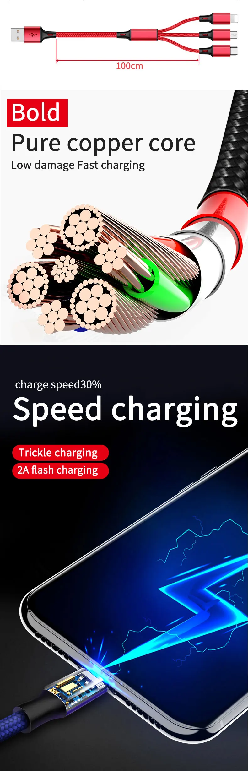 3 in1 Multi Charger Cable Cord IOS Type C Micro USB Data Sync Fast Charging - ANKUX.COM