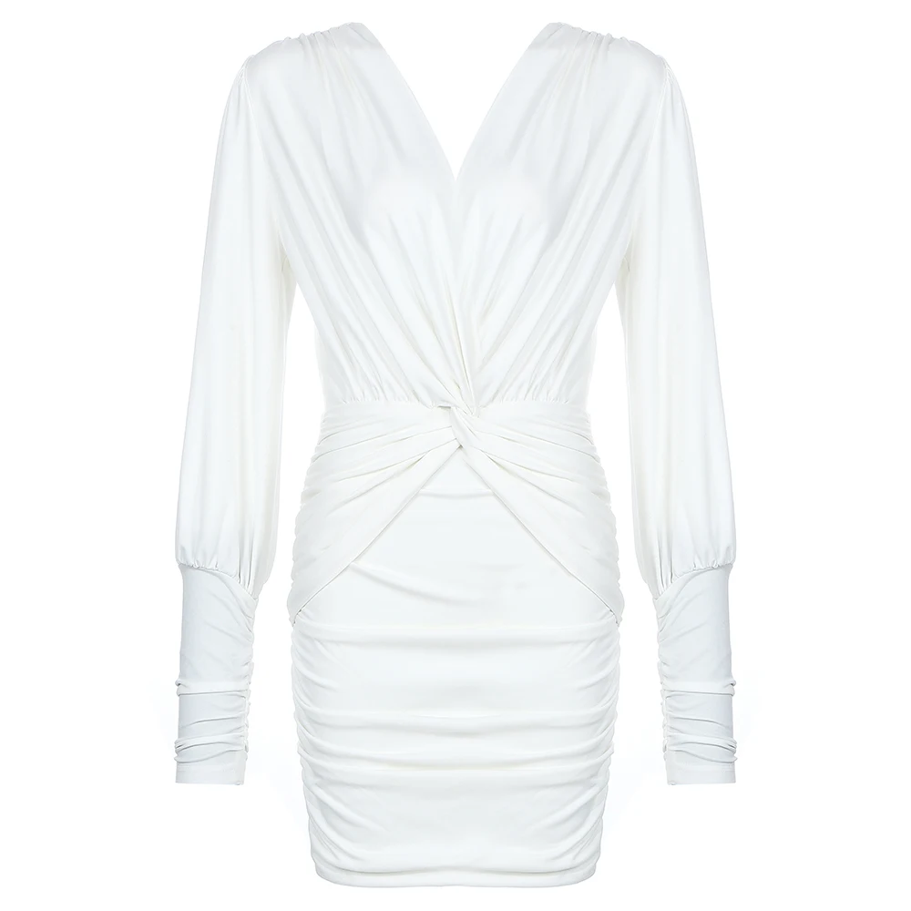 
2020 High Quality Dresses Long Sleeve White V-Neck Sexy Party Bandage Dress 