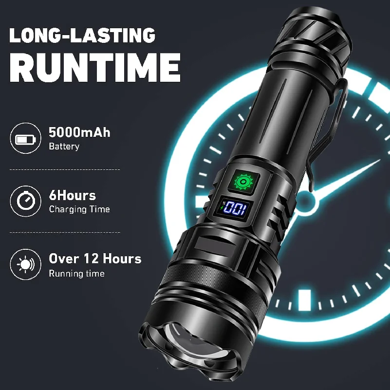 Outdoor Digital Power Display Flashlight 5000 Lumens Super Bright Emergency Lighting Led