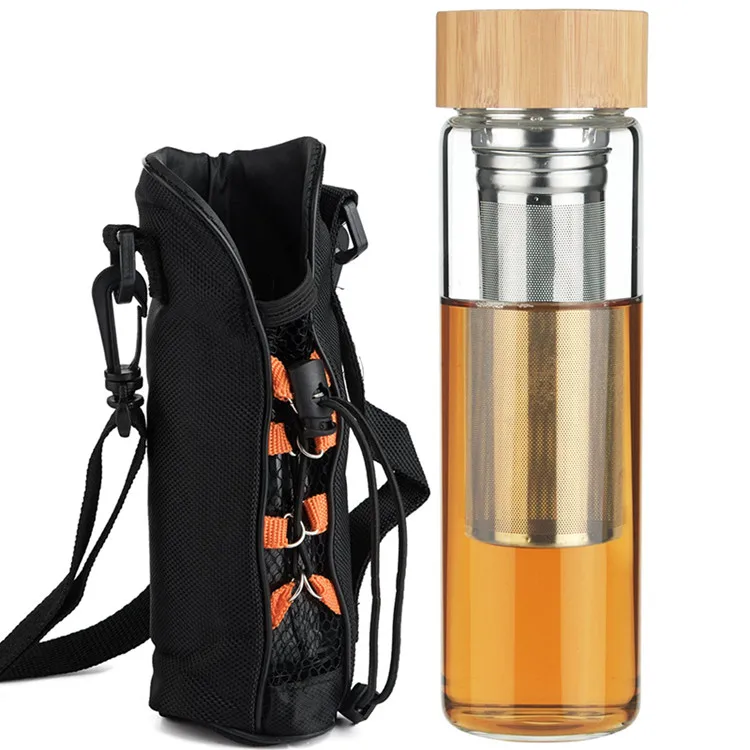 20oz Travel Tumbler BPA-Free Best Fruit and Tea Infuser Double Mesh Filter Borosilicate Glass Water Bottle with Neoprene Sleeve 