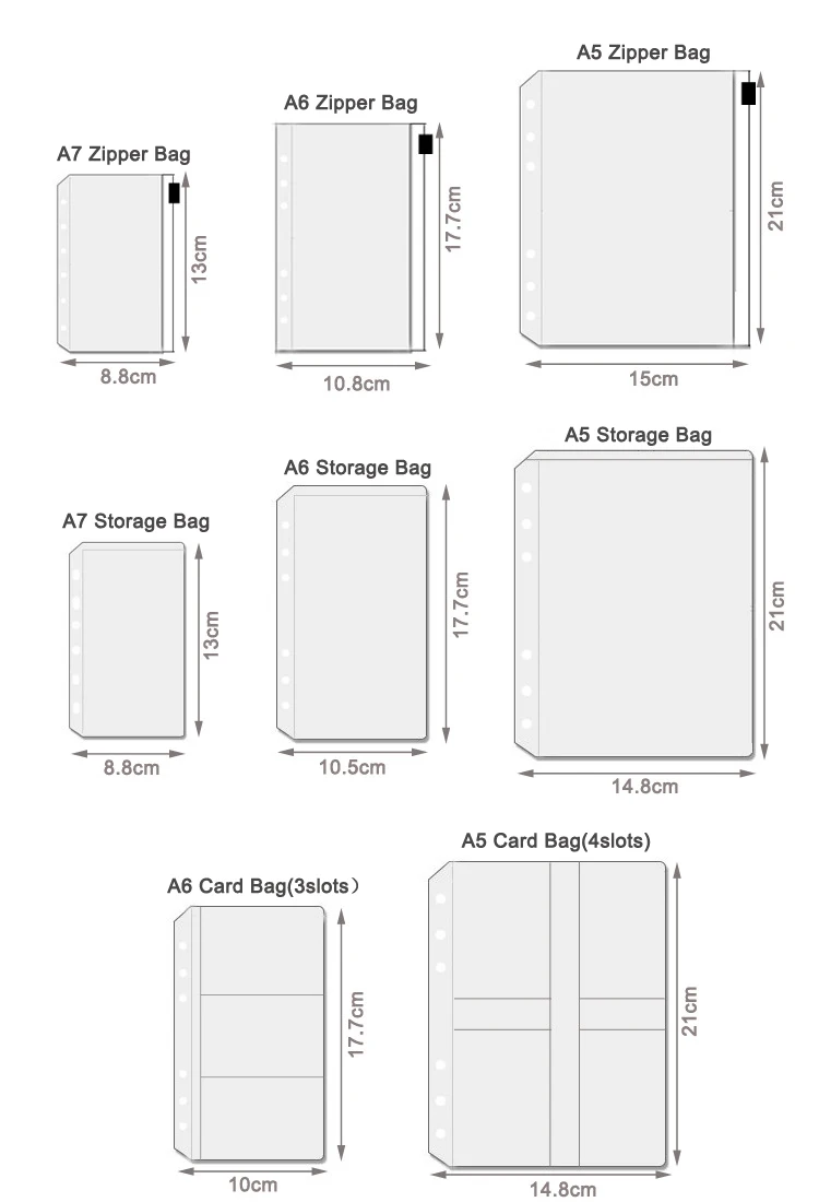 A5/a6/a7 Notebook Zipper Bag Storage Pouch Card Organizer Plastic Zip