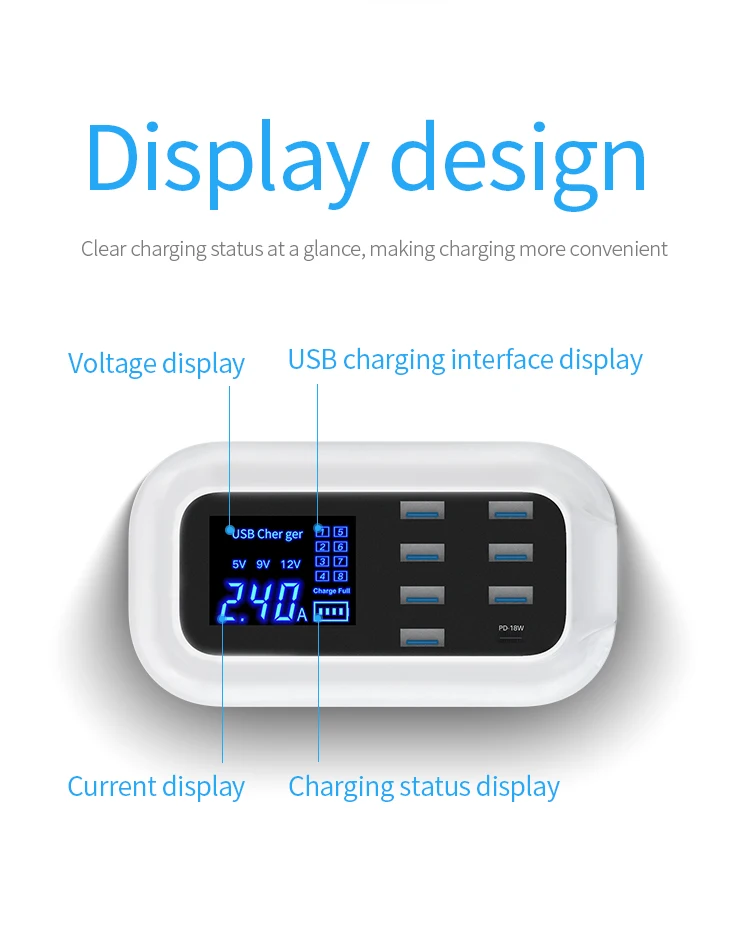 Manufacturer OEM high quality 18W PD charger multi USB charger 7 USB port 1 Type-C port smart charger fast charge 