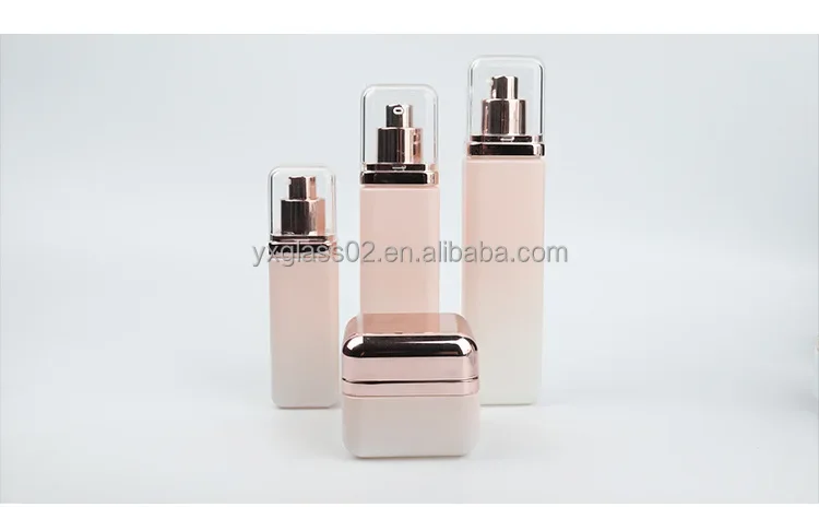 Supplier Cosmetic square glass bottle set Innovative design of rose gold cover for skincare packaging 50g40ml100ml120ml details