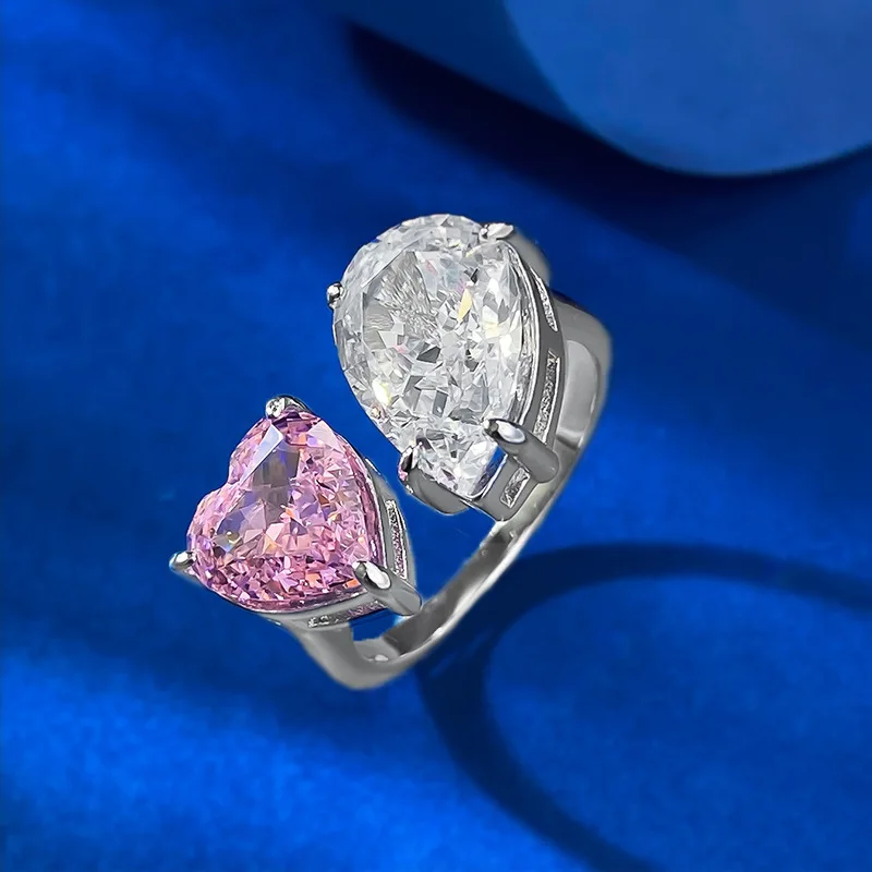 2025 Open Ring High Carbon Diamond Water Drops Ice Flower Cut White Diamond Pink Diamond Raydean Rhodium Plated