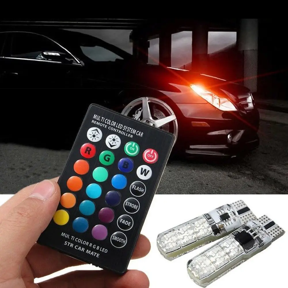 Silicone RGB with remote control car led bulb side marker no error 5050 6SMD w5w T10 canbus led new