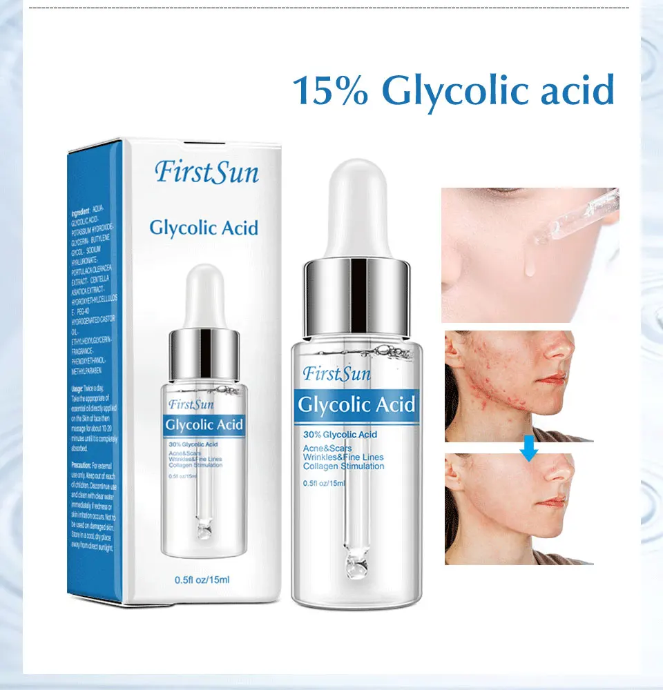 New 30 Glycolic Acid Face Serum Shrink Pores Brighten Skin Color Balance Water Oil Acne Remover 3952