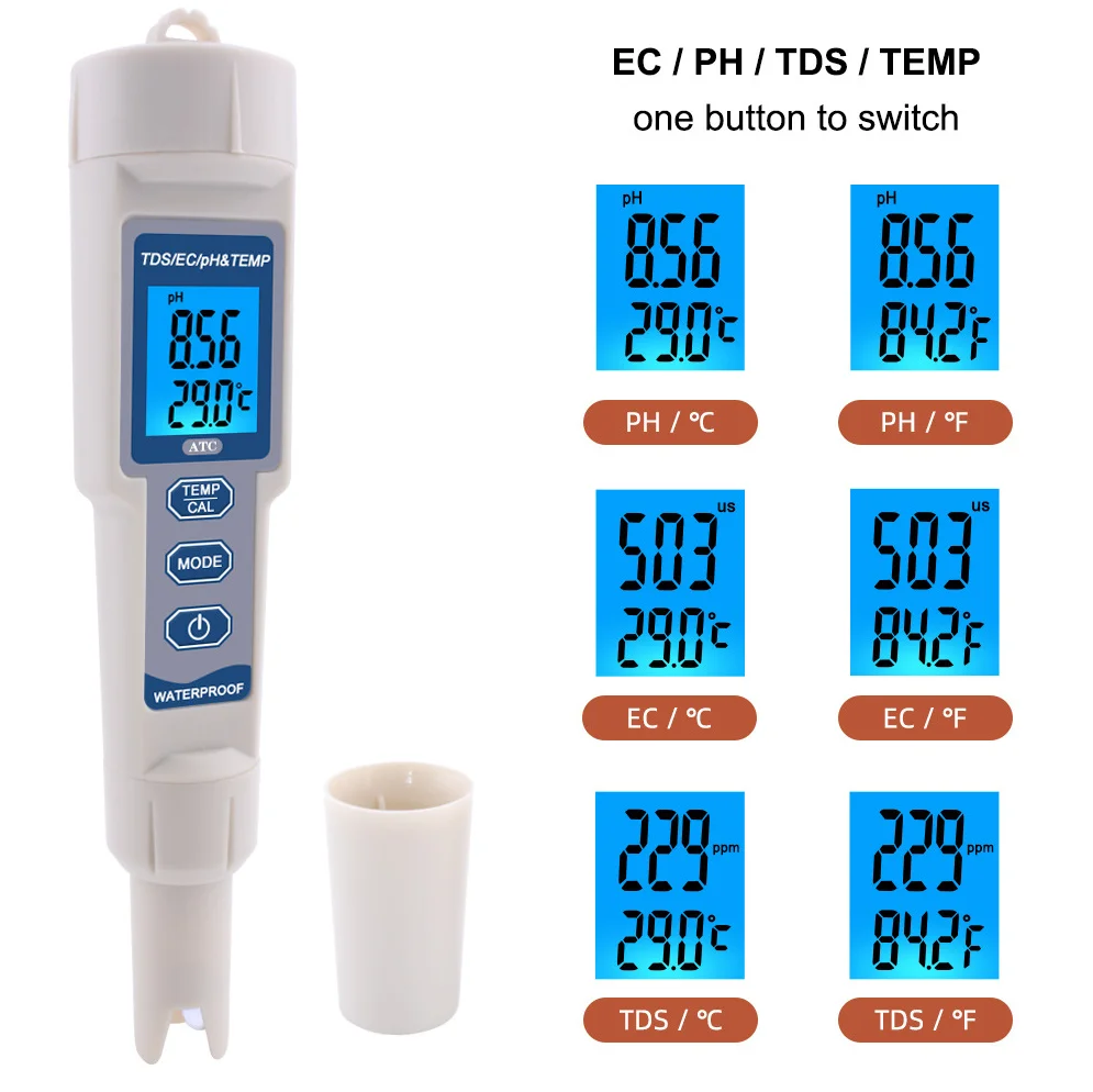 4 in 1Water Quality Tester Digital TDS/PH/EC/Temperature Meter Waterproof PH-3508 With Backlight  For Pools Drinking Water