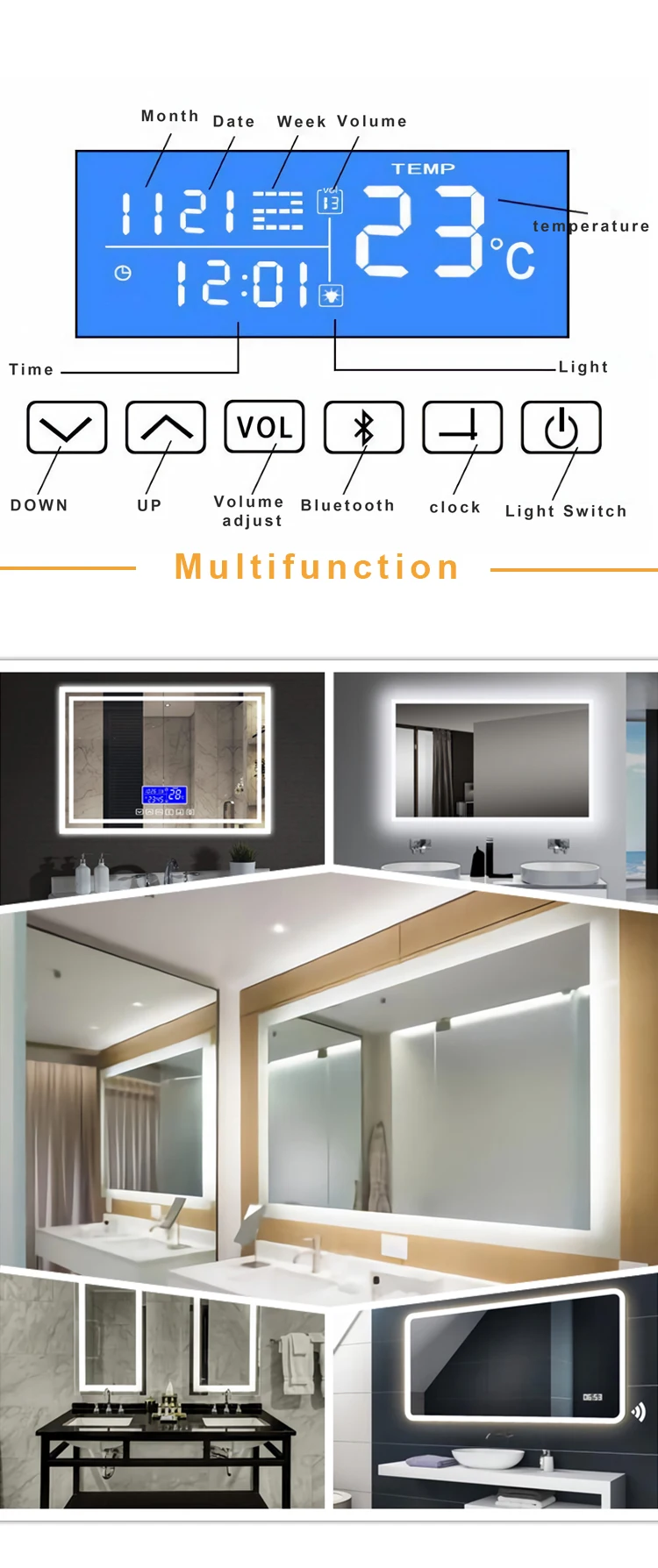 Wall Mounted Hotel Fogless Touch Screen Illuminated LED Vanity Light Bathroom Smart Led Mirror