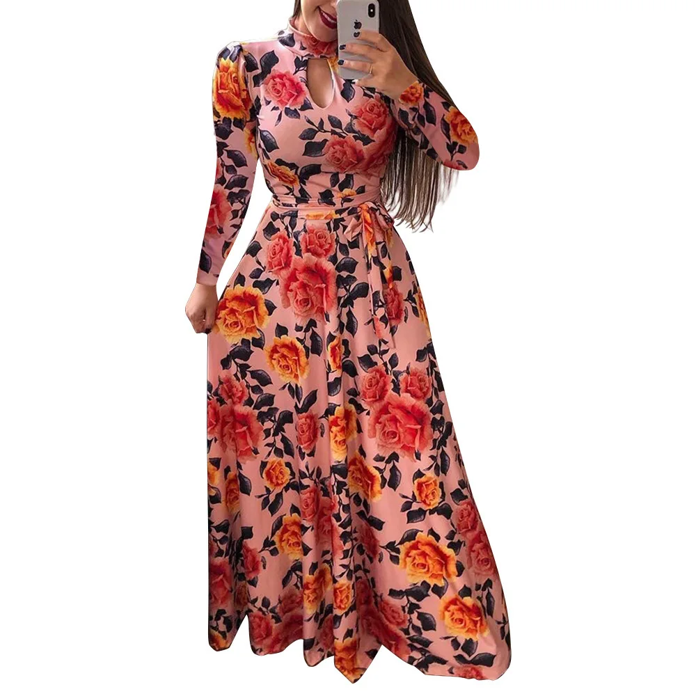 
Plus size women clothing floral print long sleeve casual maxi dresses 