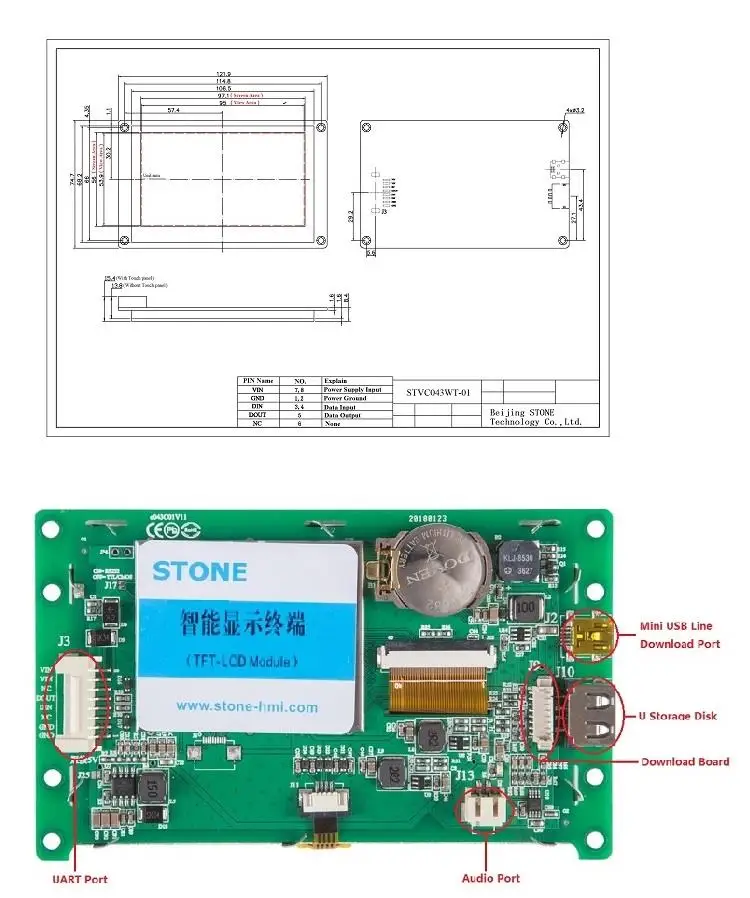 STONE 4.3 inch Graphic Color LCD Display with Touch Screen + Controller +  Serial Interface with Matel Frame