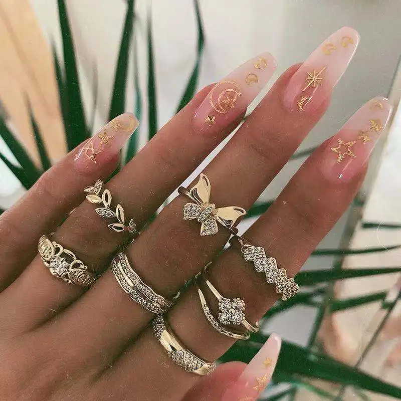 7Pcs/Set Bohemian Retro Jewelry Butterfly Knot Crystal Carved Geometric Gold Ring Set for Women