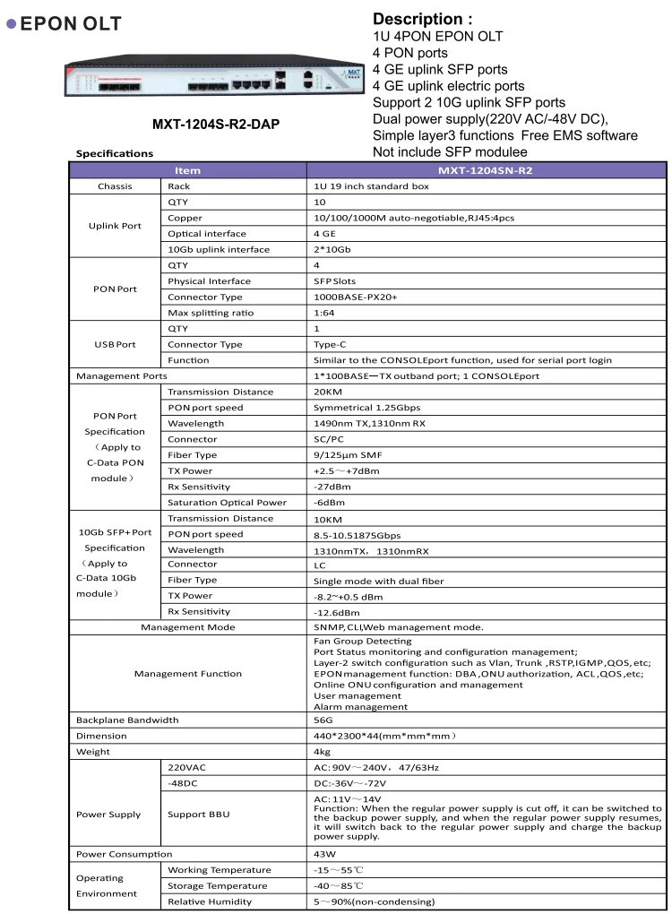 Mxt1204sr2dap Ftth Epon 4 Port High Performance 4 Ports Gpon Olt