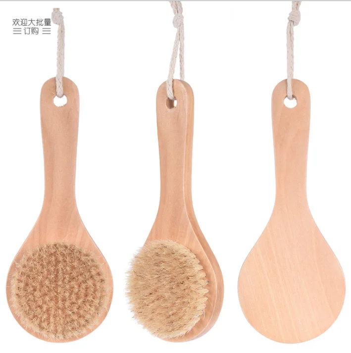 Natural Bristle Middle Long Handle Wooden Shower Body Bath Brush With
