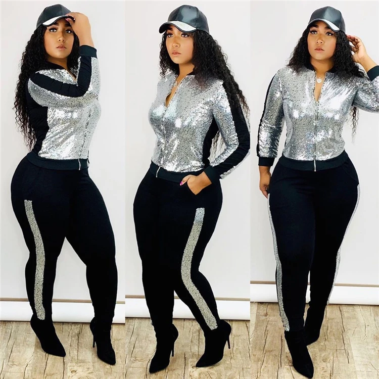 New Stylish Sparkling Zipper Tracksuit Fall 2021 Women Clothes Winter 2 Piece Set Two Piece Sets Womens Clothing
