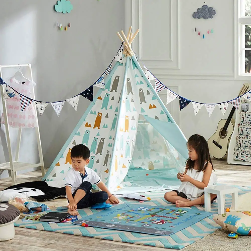 
wholesale canvas wooden frame children teepee tent for kids with mat 