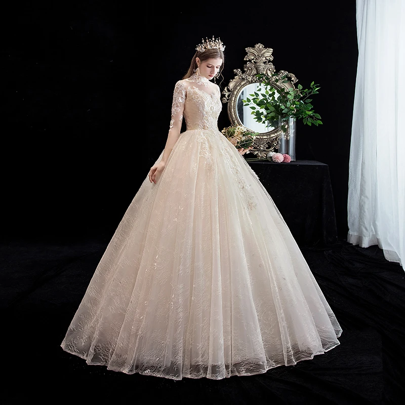 2019 Autumn New arrival Elegant Champagne lace Long Sleeve Plus size high neck Floor Length Bridal Wedding Dress