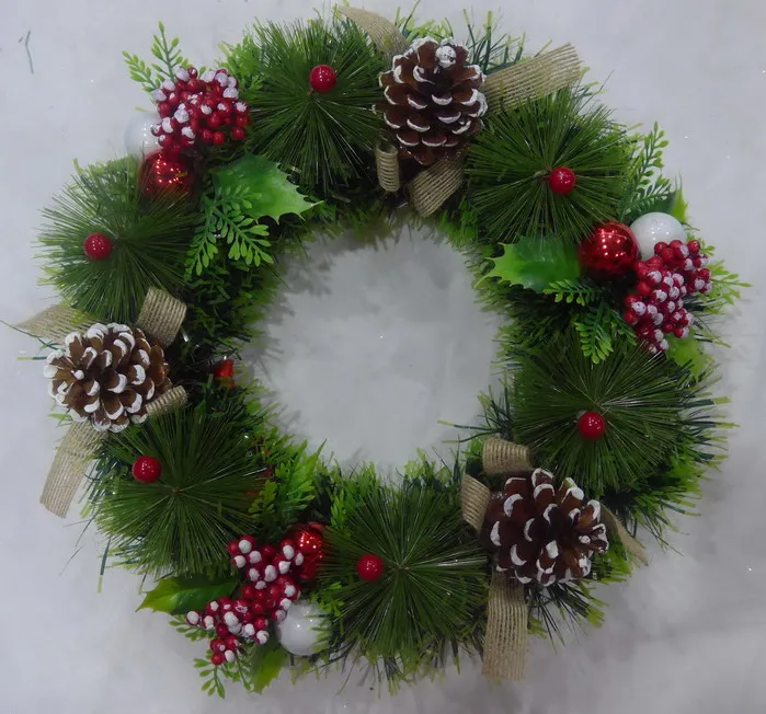with white glitter  nature pine cone with white glitter with white metal bell 45cm out Dia pine wreath
