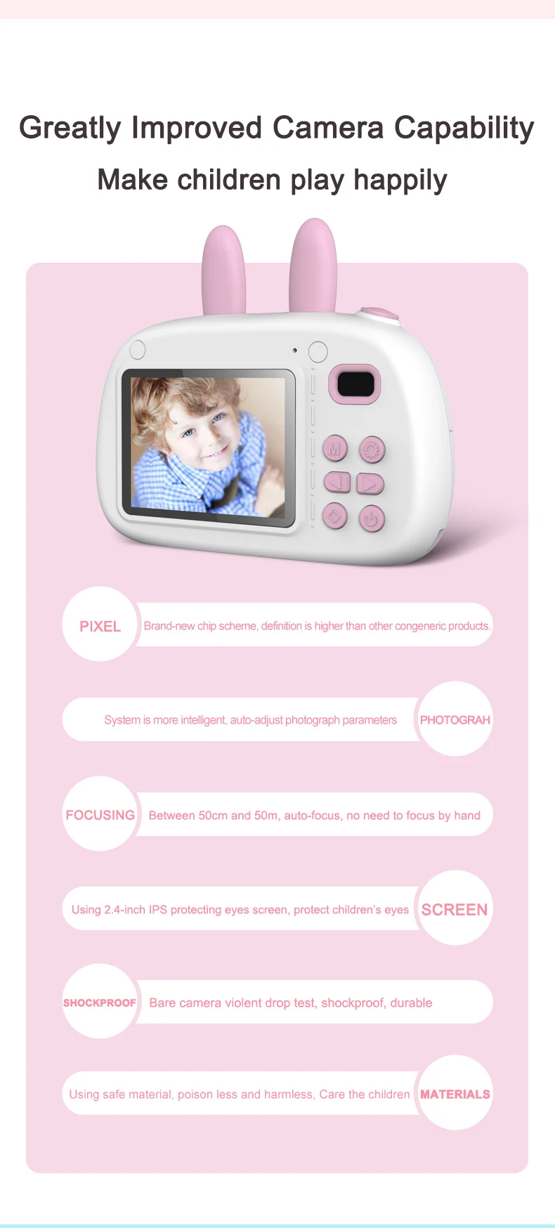 Cute A3 Kids Camera Toys 2.4 inches Digital Kids Camera Front Camera 800w Pixels Double-flashlight Support 32G
