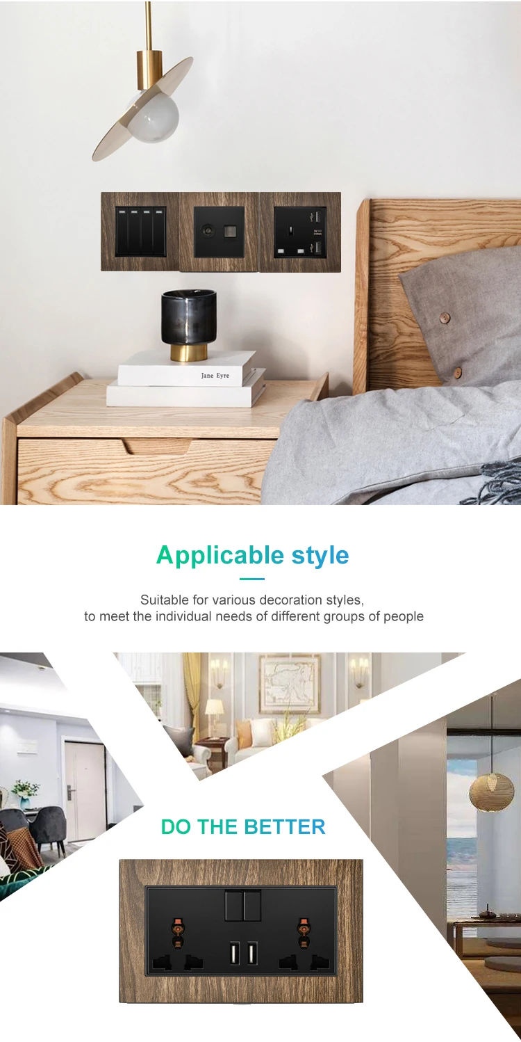 1 Gang 2/3/5 Pin Wood Grain 10A 110V 220V Electric Universal Socket With Wall Switch