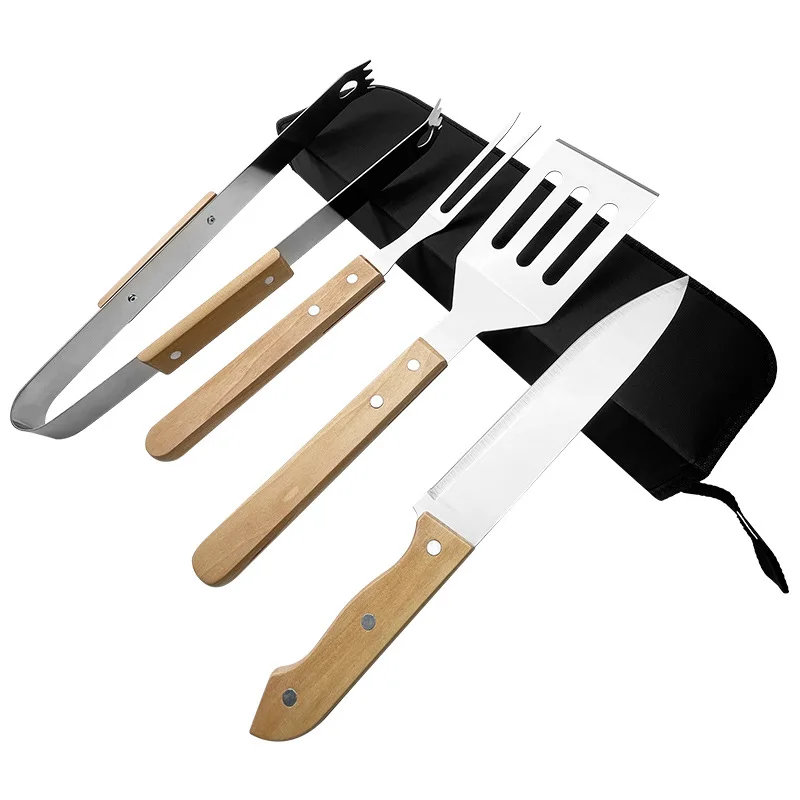 Outdoor BBQ grill set suitable for outdoor charcoal grilling home use includes tongs wooden-handled kitchen knife supplier