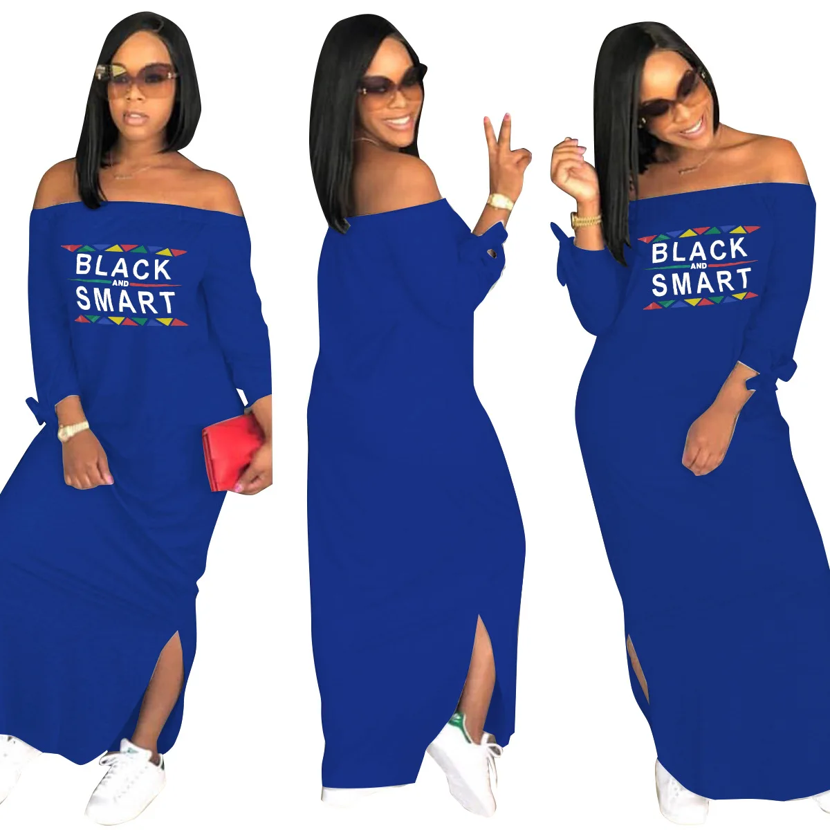 Summer Hot Sale Amazon AliExpress European and American Horizontal Neck Split on Both Sides10Color Dress Off-the-Shelf