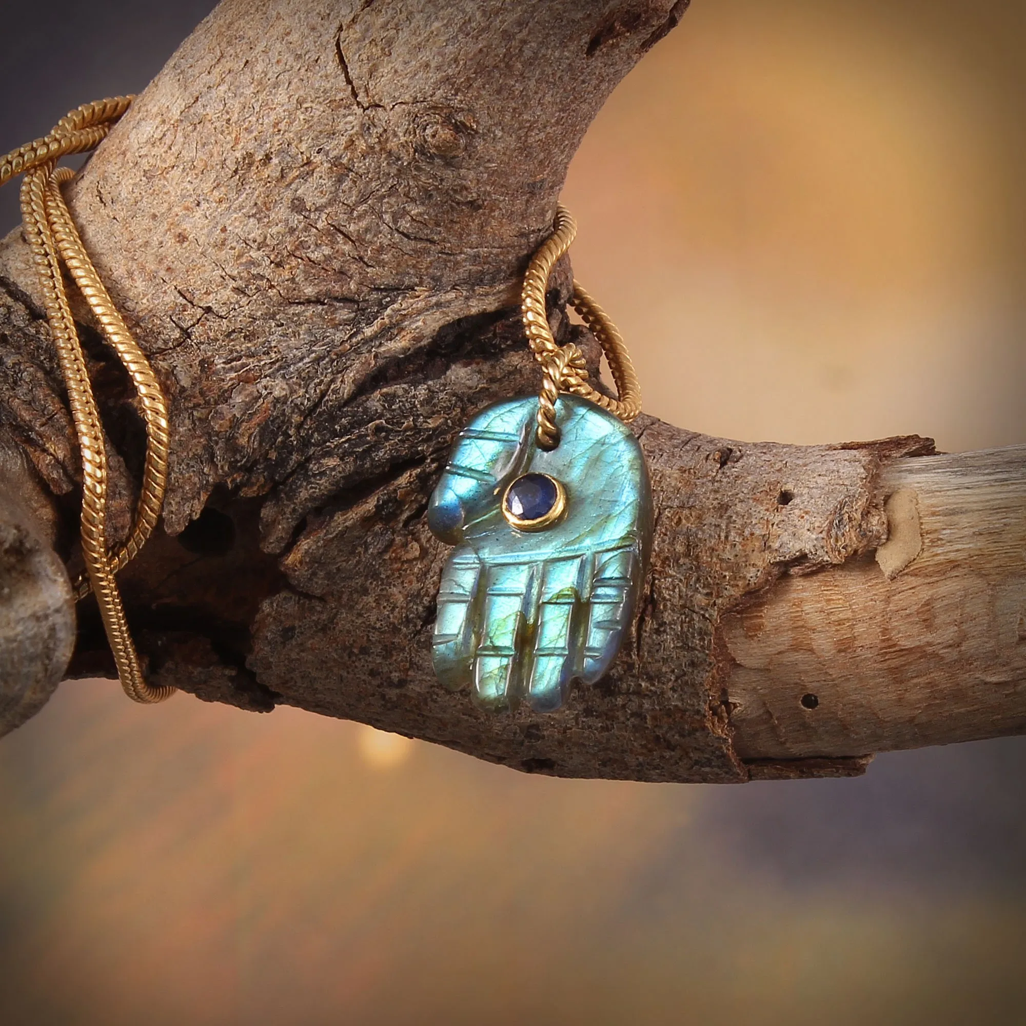 14k Solid Gold Hamsa Carved Pendant Necklaces Labradorite Pendant