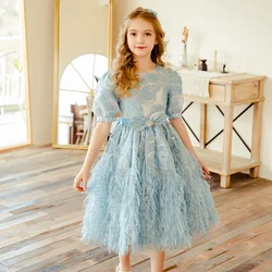 Wholesale online retail clothing girl dresses 6 to 14 year jacquard fabric baby kid girl party dress feather frock