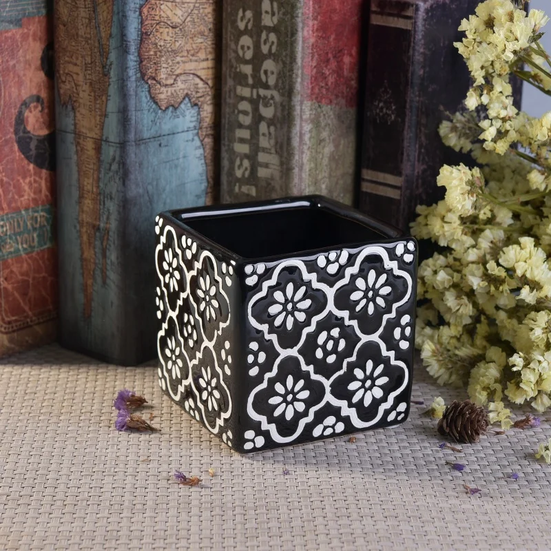 Square glaze printing custom ceramic tealight candle jar porcelain candle holders bedroom decorative use