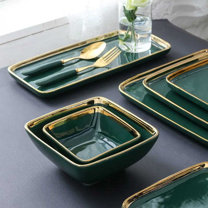 Nordic Ceramic Gold Rim Dinning Plates Ceramic Dinnerware Sets Green