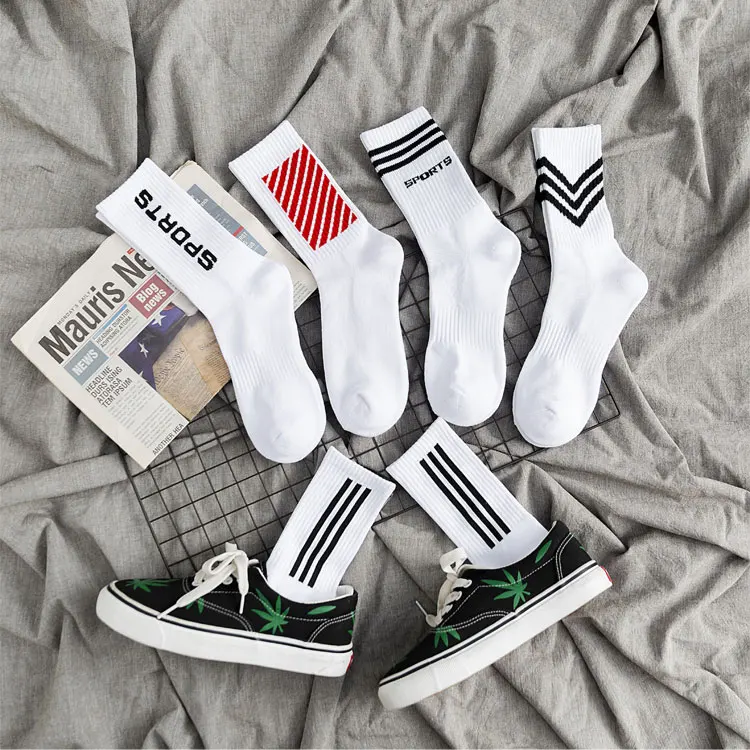 Ins Plain White Long Socks For Men Cushion Waisttied Breathable Cotton