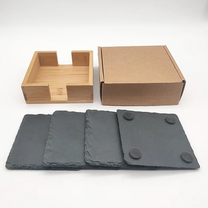 product custom tabletop cup slate mat 4 pieces set 10cm natural black bluestone coasters with bamboo holder for bar restaurant party-7