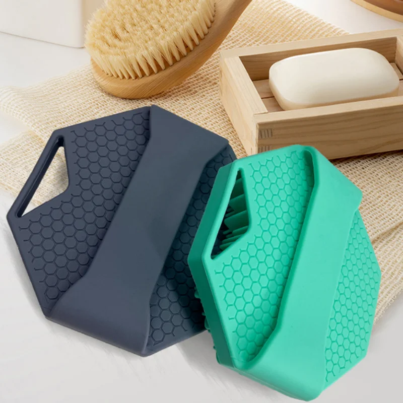 Upgrade Multifunction Hexagon Silicone Exfoliating Body Scrubber Wet & Dry Bathing Brush with Handle Strap & Loop for Showering details