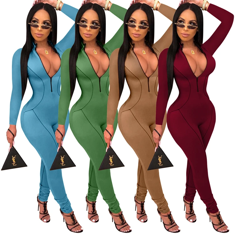 C3672 2019 Christmas jumpsuit women winter clothing sexy fashion V neck bodycon slim solid color women jumpsuit
