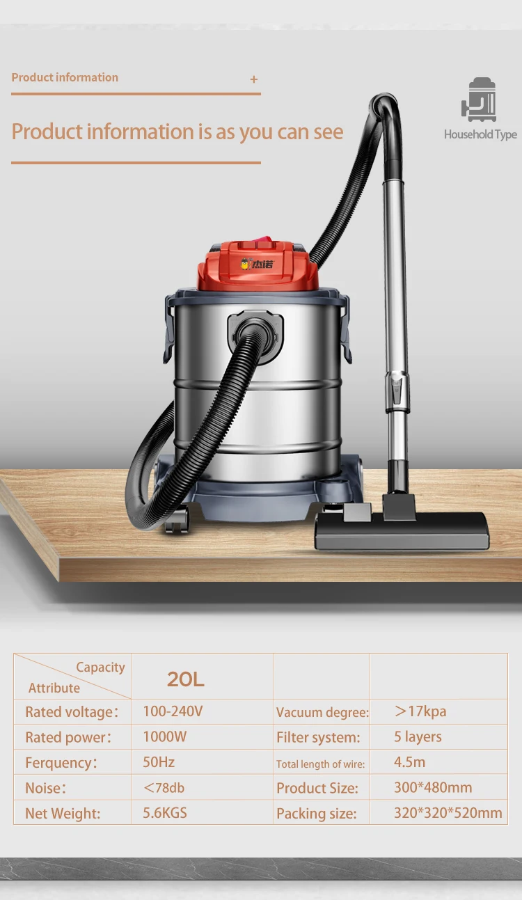 Jienuo Oem 17kpa 20l Stainless Steel Tank Workshop Vac 1200w Wet & Dry ...
