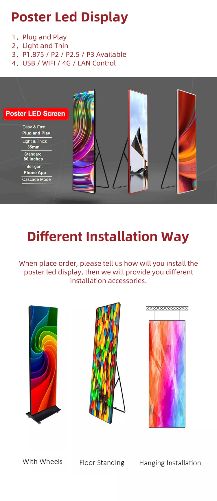 Ultra Thin P3 Screen Standing Wifi 4G Floor Indoor P2.5 Advertising Mirror Poster Led Panel Digital led Poster Screen