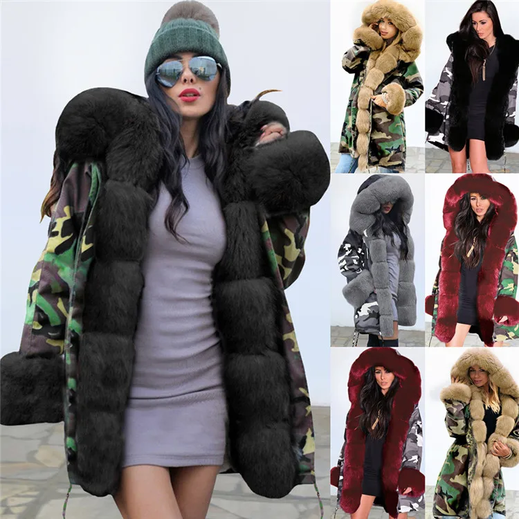 Lifu Ladies Winter Coats High Quality Army Green Hooded Jackets Plus Size Clothing Warm Long Fur Coat Women