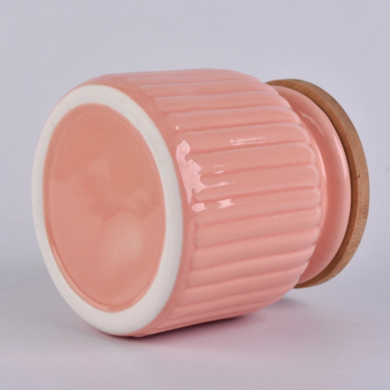 Wholesale Pink Ceramic Candle Jar with Bamboo Lid Home Decoration