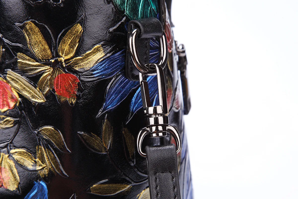 Genuine Leather Women Colorful Flower Black Handbags 2019 New Handmade