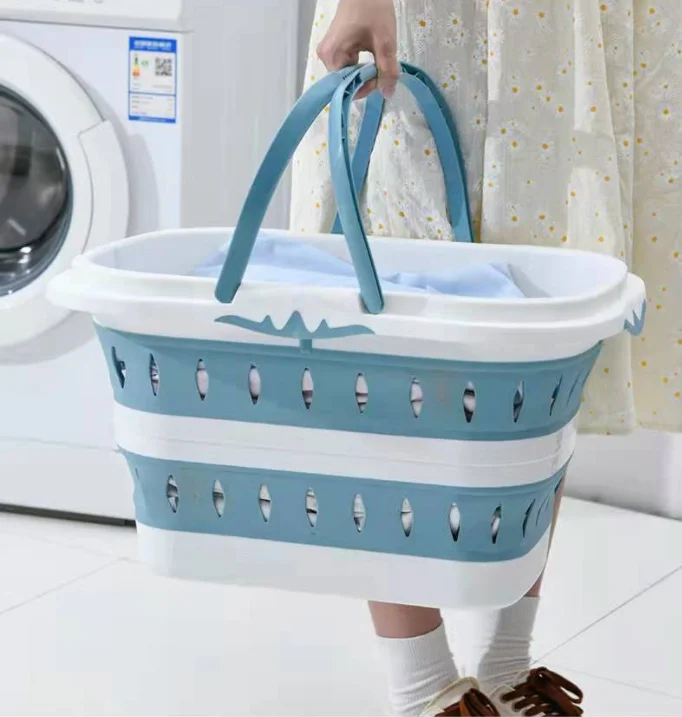 Collapsible Plastic Laundry Baskets With Handles Washing Bin Kitchen ...