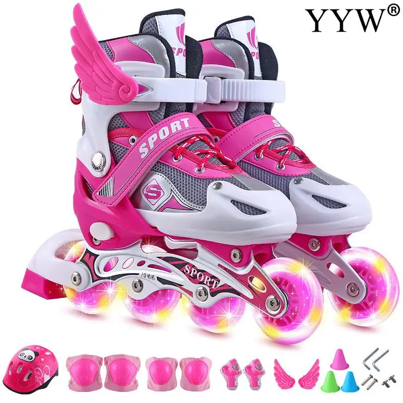 Kinder Rollschuhe S/M Pink Inlineskater Inliner Schuhe Verstellbar blinkend Rosa 