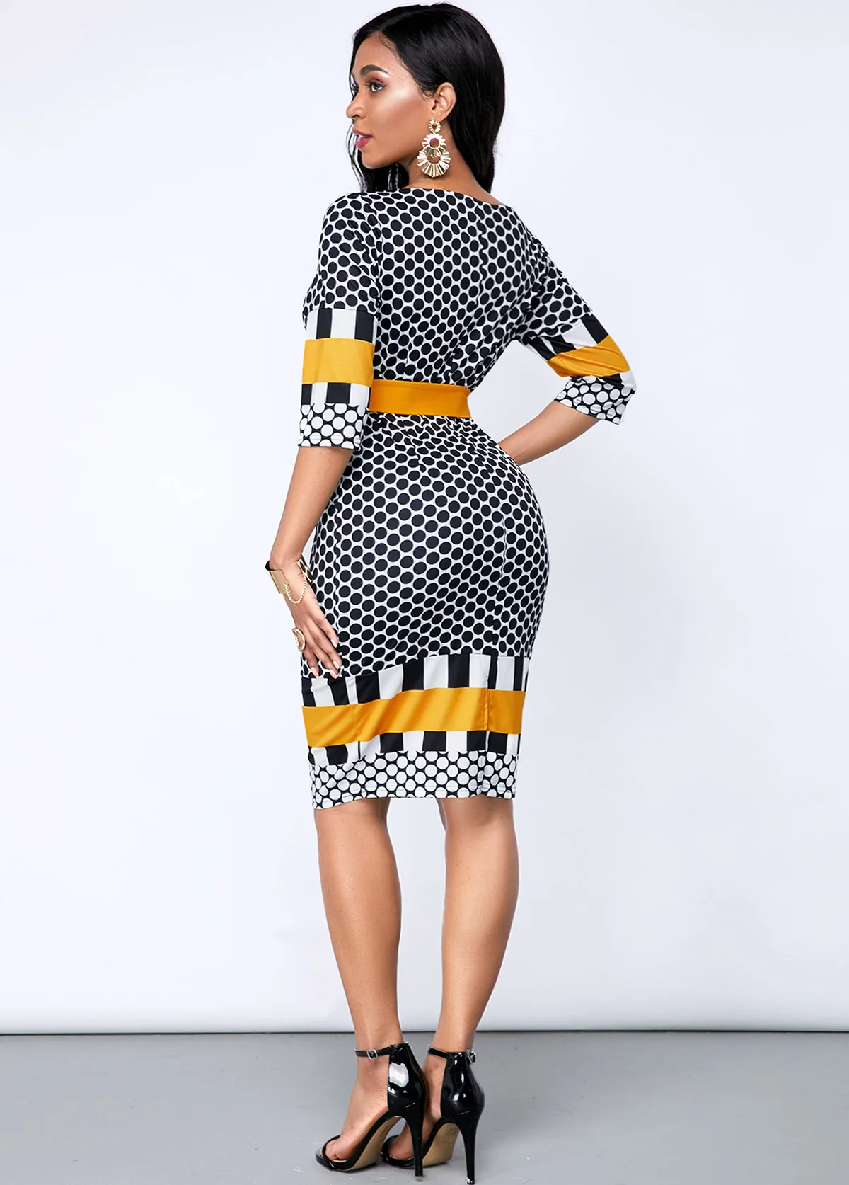 Geometric Print Three Quarter Sleeve Dress - Buy Print Dress,Elegant ...
